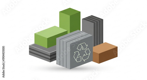 Recyclable materials illustration featuring stacked gray blocks with recycling symbol green and brown 3d cubes on white background eco friendly concept