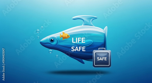 Whale and small fish with life safe and safe box underwater