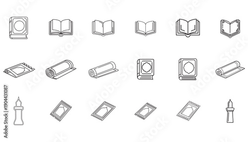 Islamic prayer rugs, books, and mosque icons in a clean, minimalist line art design