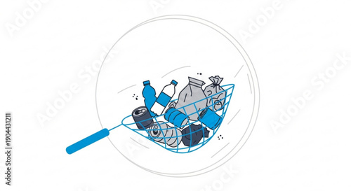 Detailed magnified view of assorted recyclable materials in a recycling bin with a magnifying glass