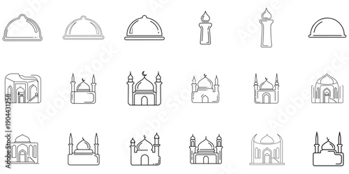 Collection of Islamic architectural elements, including domes, minarets, and mosque designs
