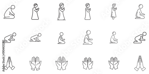 Collection of icons depicting prayer and worship, showing human figures in various kneeling and standing poses
