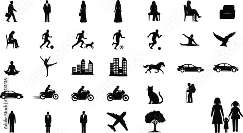 Large Vector Silhouette Collection of People, Families, and Professionals Engaging in Daily Life, Travel, Business, Sports, and Outdoor Activities, flavector