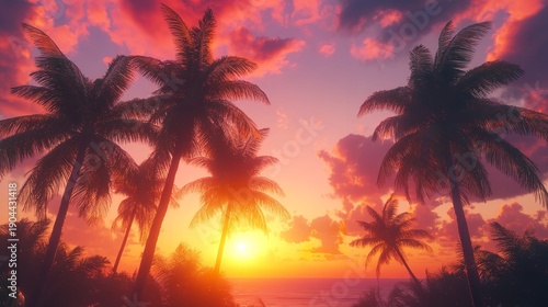 Beautiful tropical sunset over the ocean with palm trees, warm sky colors, and calm vibes, ideal for travel, vacation, and summer wallpapers.