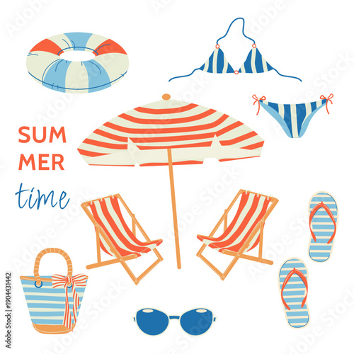 Summer beach set: red striped sun loungers with an umbrella, a swimming inflatable ring, flip-flops, a bag, sunglasses, and a swimsuit. Retro color palette. Vector illustration. Isolated.