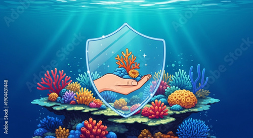 Protecting coral reef ecosystem with shield and hand underwater