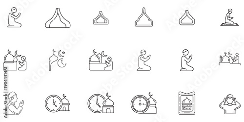 Islamic Prayer Icons Set Worship, Mosques, Clocks, and Holy Books Collection