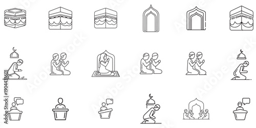 Islamic culture and prayer icons Kaaba, worship, and mosques for religious themes