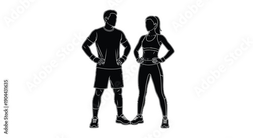 Silhouette of fit athletic man and woman standing confidently wearing workout clothing and shoes