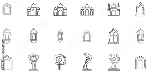 Collection of Islamic architecture symbols, including mosques, minarets, and lanterns