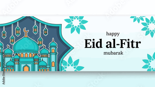 Celebrating Eid al-Fitr with mosque illustration and festive decorations in a serene environment