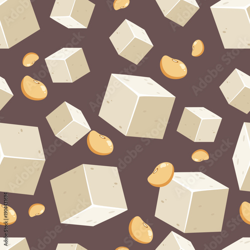 White tofu with soybean seamless pattern. Healthy and plant based food illustration. Can be used for wallpaper, paper wrapping and food decoration
