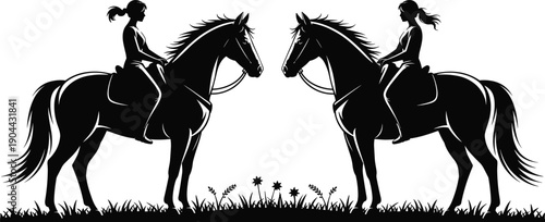 Horse riding silhouette illustration, female equestrian riders on horses, symmetrical composition, flat vector artwork isolated on white