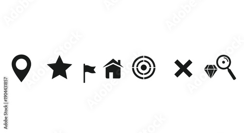 Set of simple black navigation icons including location marker star flag house target cancel diamond and search