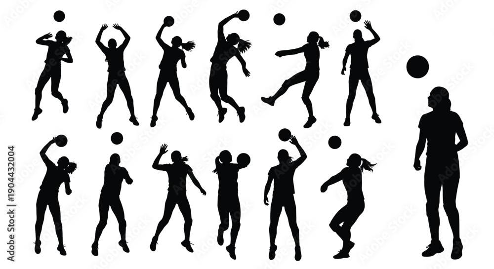 Fototapeta premium Collection of female volleyball player silhouettes demonstrating various actions like spiking setting and serving