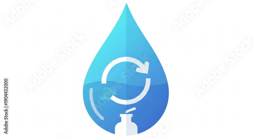 Eco friendly liquid droplet with recycling symbol and dispenser symbolizing sustainable hygiene products and refillable containers in a clean design