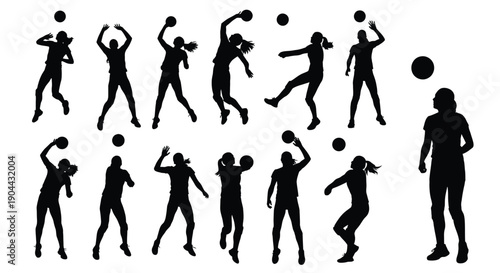 Collection of female volleyball player silhouettes demonstrating various actions like spiking setting and serving