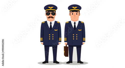 Two professional airline pilots standing side by side wearing dark blue uniforms and caps