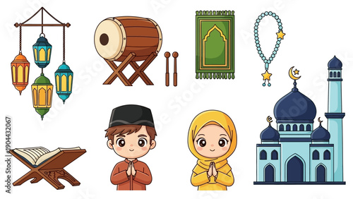 Illustration of Islamic symbols and figures including mosque, prayer mat, and worshippers in a cultural setting with traditional attire and accessories