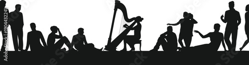 People silhouettes scene with musician playing harp, group sitting standing poses, social gathering flat vector illustration isolated on white background