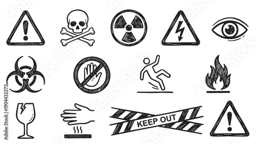 Set Hand Drawn Safety Warning icons with Biohazard Radiation High Voltage and Skull Symbols