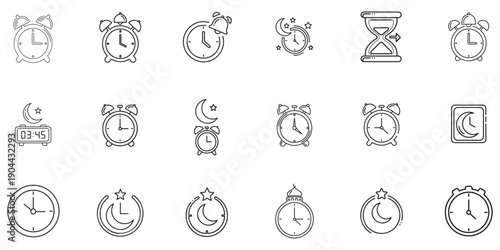 Collection of various alarm clock and time icons in a linear outline style
