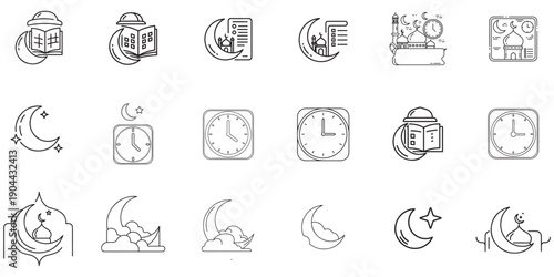 Islamic and Ramadan symbols with crescent moon, lanterns, and clocks in a minimalist outline style