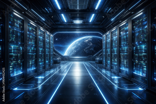 Orbital space data center in low Earth orbit above planet Earth
