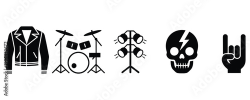Rock music culture symbols including leather jacket skull and drums
