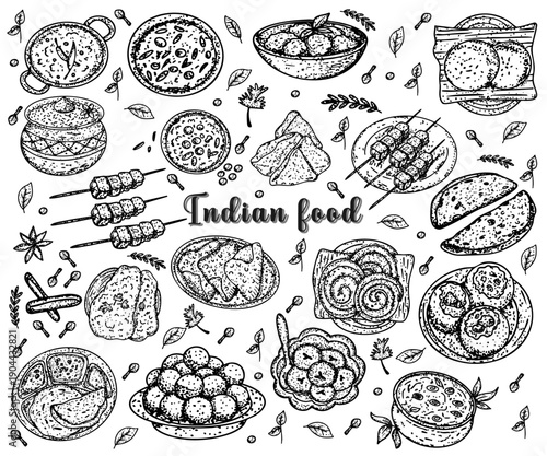 Vintage Style Indian Food Doodle Elements Collection