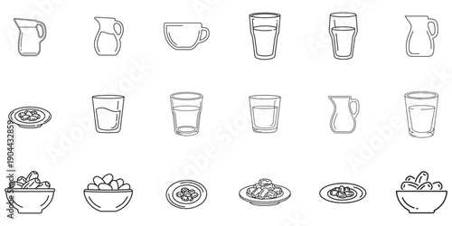 Collection of Simple Line Art Icons Representing Various Food and Drink Items