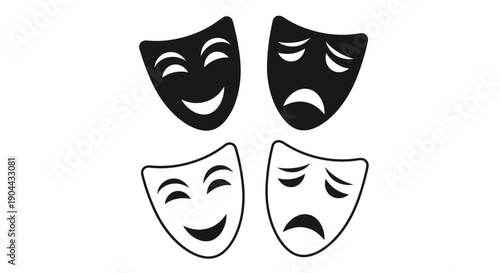 Collection of four distinct dramatic masks symbolizing comedy and tragedy in monochrome outline and solid fill.