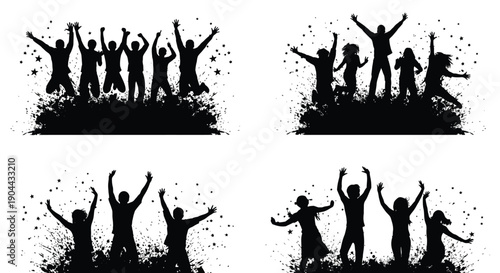 Silhouette collection of diverse energetic people joyfully jumping up with raised hands celebrating success