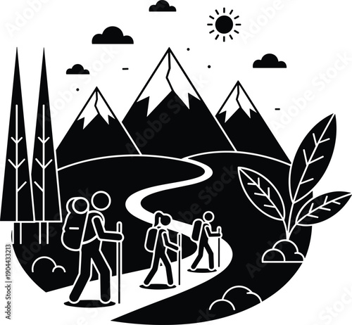 Mountain landscape with family hiking on trail with backpacks and trekking poles under sunny sky in oval frame by flavector