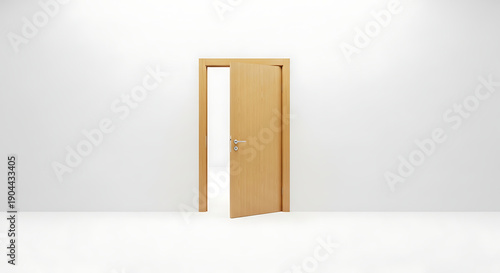 Slightly Open Wooden Door in Empty White Room.