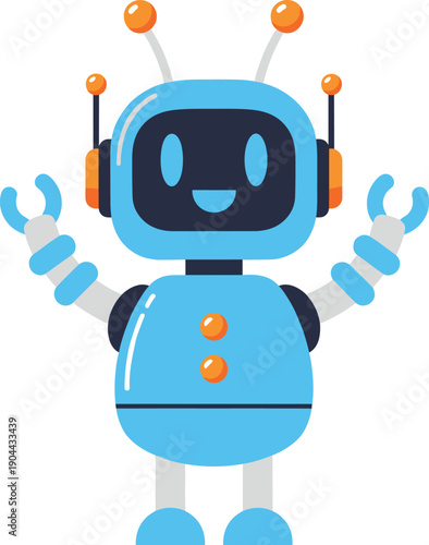 Cute Friendly Robot Character Vector Illustration with Smiling Face and Raised Hands for Kids Education, Robotics Learning, and Technology Mascot Designs