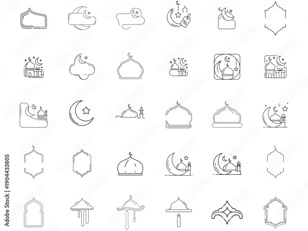 Fototapeta premium Islamic Symbols and Ramadan Icons Collection in Outline Style
