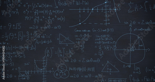 Mathematical equations on chalkboard