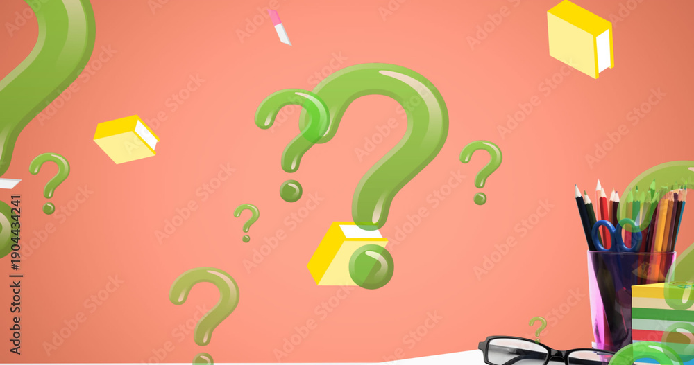 Naklejka premium Image of question marks and book icons over school items