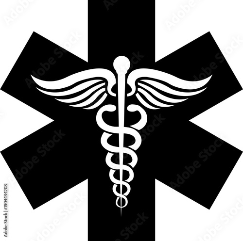 Medical snake and caduceus star of life icon with pharmacy and healthcare symbols in flat and line style, isolated on transparent background, medical icon