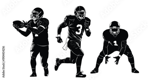 Collection of three distinct black and white American football player silhouettes in action poses
