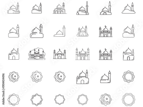 Collection of Islamic mosque and crescent moon icons, symbolizing faith and architecture
