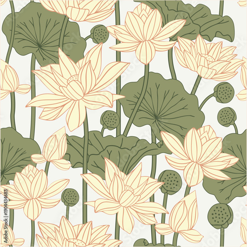 Elegant seamless pattern featuring delicate water lilies and lush foliage, evoking a tranquil garden scene with a serene botanical aesthetic, perfect for decorative backgrounds and textile designs