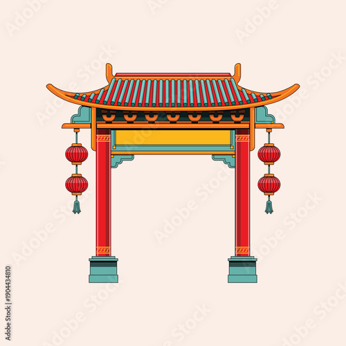 Vibrant Traditional Chinese Gate Illustration with Ornate Roof and Hanging Red Lanterns, Symbolizing Asian Culture, Festivals, and Welcoming Entrances
