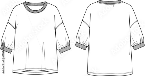 Oversized Women Sweatshirt Fashion Technical Drawing Template with Puff Sleeves and Ribbed Trim Featuring Front and Back Views for Apparel Design and Garment Production