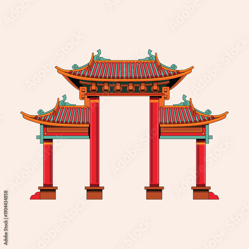 Vibrant traditional Chinese gate illustration featuring intricate architectural details, a classic cultural landmark, symbolizing entrance and heritage in elegant Asian design and style