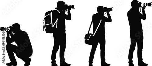 Professional Photographer Silhouettes Set Featuring Men with DSLR Cameras Backpack and Messenger Bag Isolated on White Background for Media Production Branding and Photography Industry Graphics