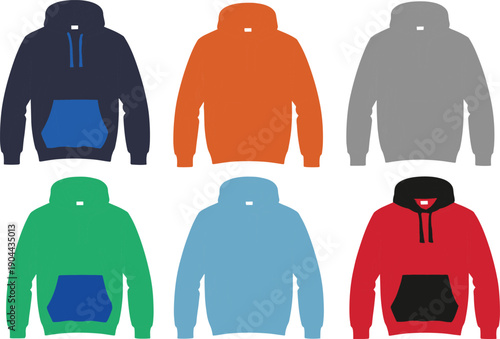 Set of colorful hoodie mockups with front view isolated on white background, blank hooded sweatshirt collection for custom apparel design and clothing brand branding.