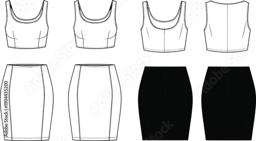 Technical flat sketch set featuring women's scoop neck crop top and mini pencil skirt, front and back view fashion drawing template for apparel manufacturing.
