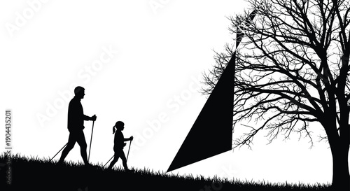 Silhouette of father and daughter hiking on grass hill with trekking poles near large bare tree on white background flavector